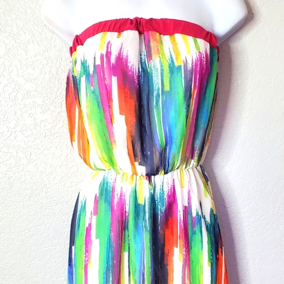 Bebe 2b Colorful Strapless High Low Mini Maxi Dress Size XS Party Cocktail Sheer - Picture 2 of 6